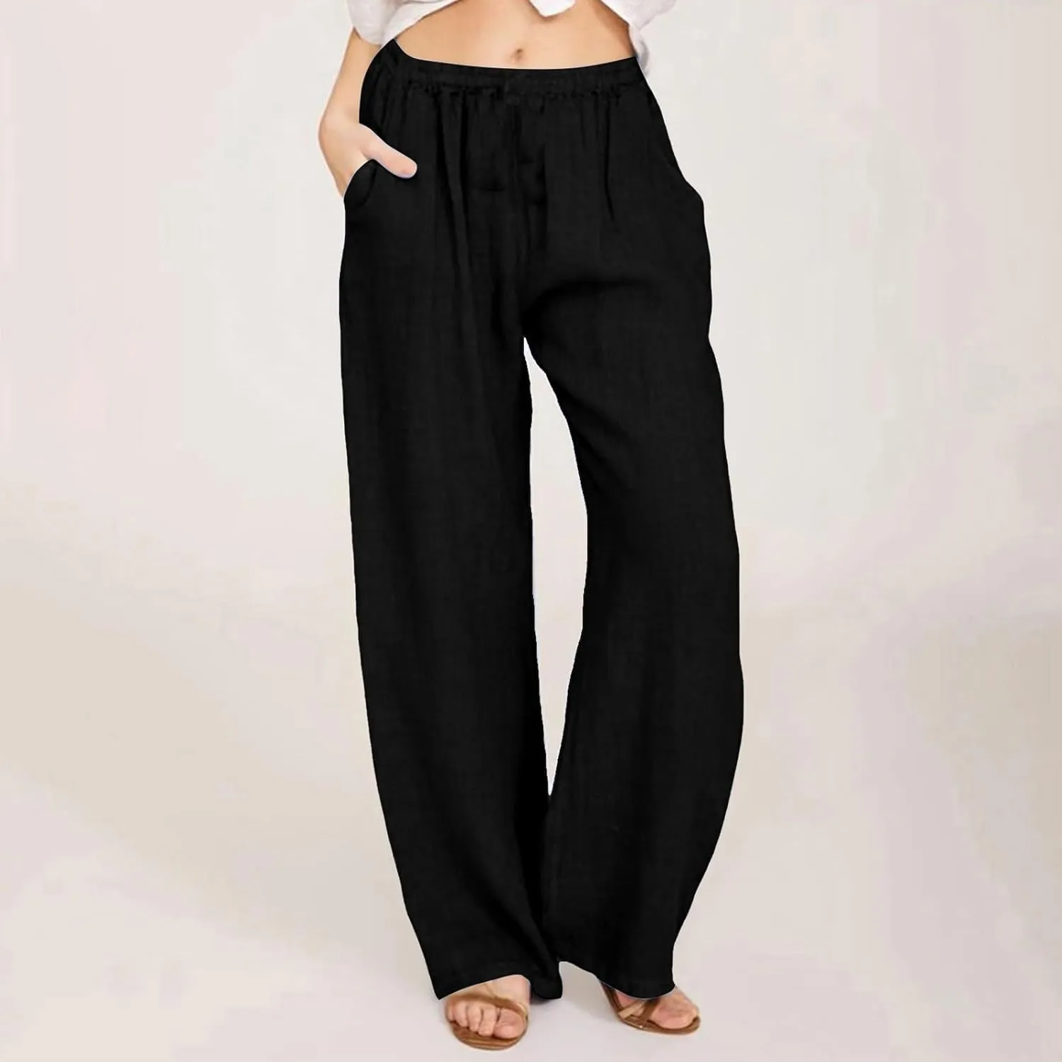 Womens Linen Pants Casual Beach Vacation Clothes Trendy Wide Leg Pants Woman Flowy Palazzo Trousers Pants