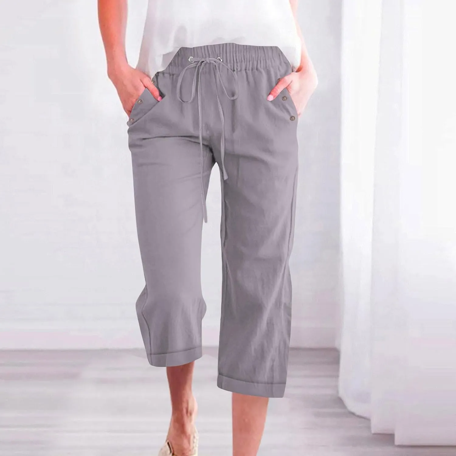 Women's Linen Pants Casual Lightweight Capris Drawstring Elastic Waist Cropped Pants Linen Short Trouser with Pockets