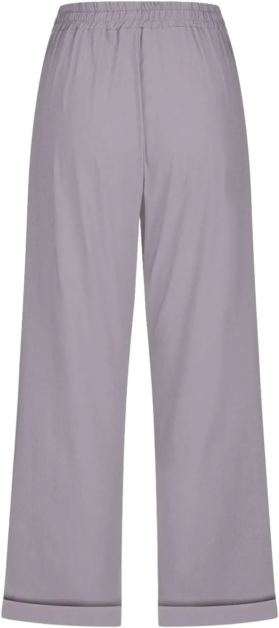 Women's Linen Pants Casual Lightweight Capris Drawstring Elastic Waist Cropped Pants Linen Short Trouser with Pockets