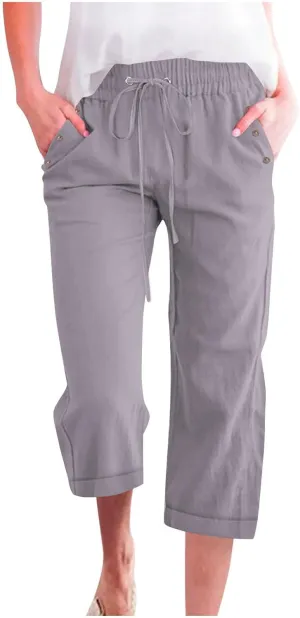 Women's Linen Pants Casual Lightweight Capris Drawstring Elastic Waist Cropped Pants Linen Short Trouser with Pockets