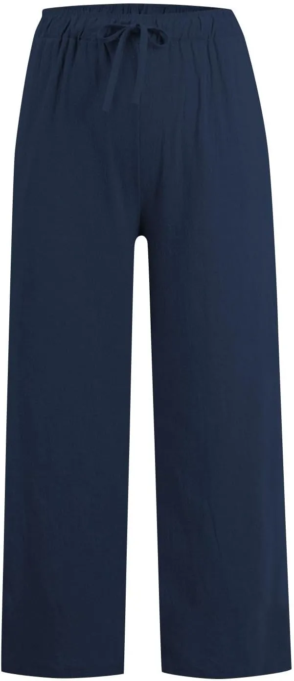 Womens Linen Pants Elastic High Waisted Wide Leg Pants Summer Palazzo Trouser Casual Flowy Drawstring Beach Outfits