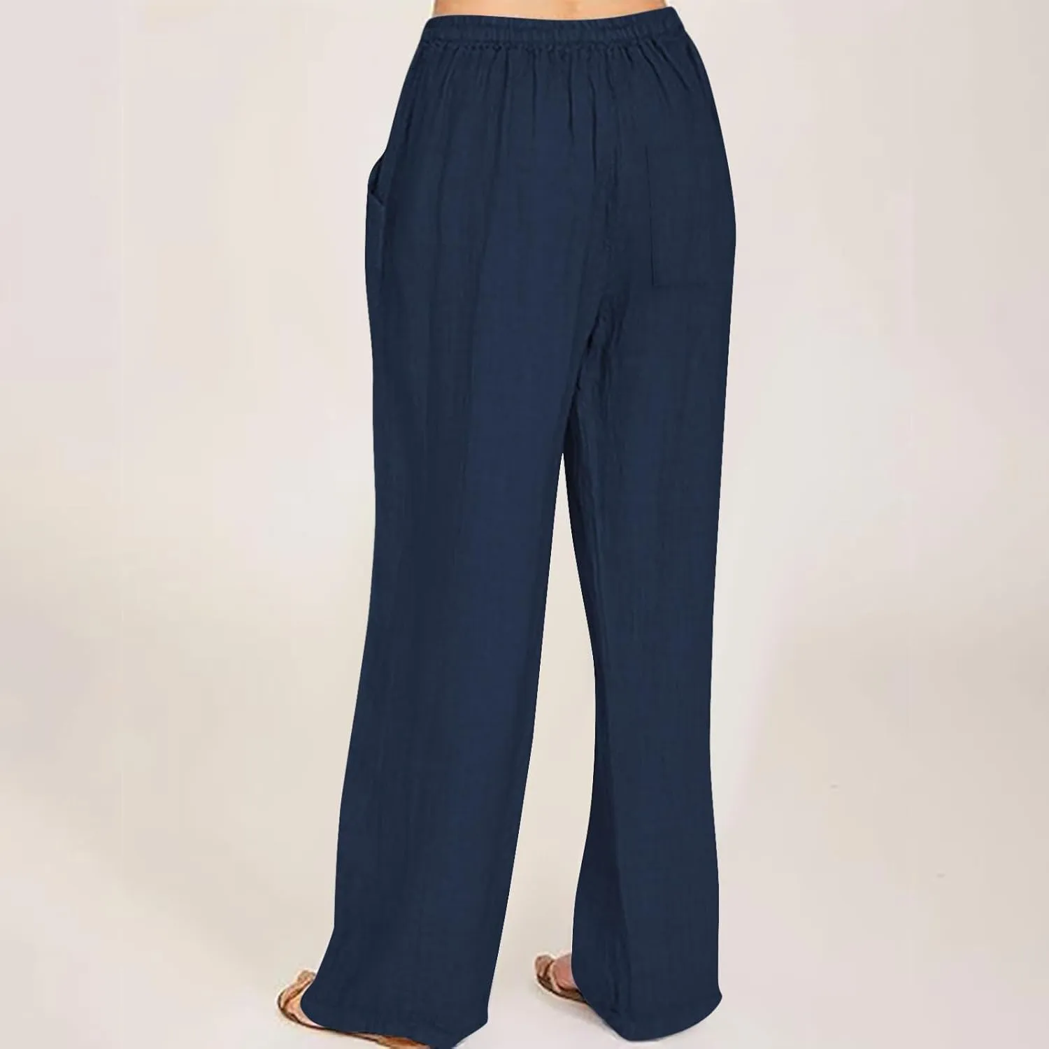 Womens Linen Pants Elastic High Waisted Wide Leg Pants Summer Palazzo Trouser Casual Flowy Drawstring Beach Outfits