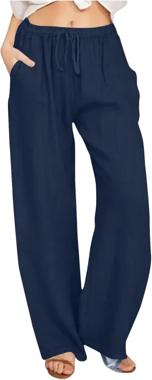 Womens Linen Pants Elastic High Waisted Wide Leg Pants Summer Palazzo Trouser Casual Flowy Drawstring Beach Outfits