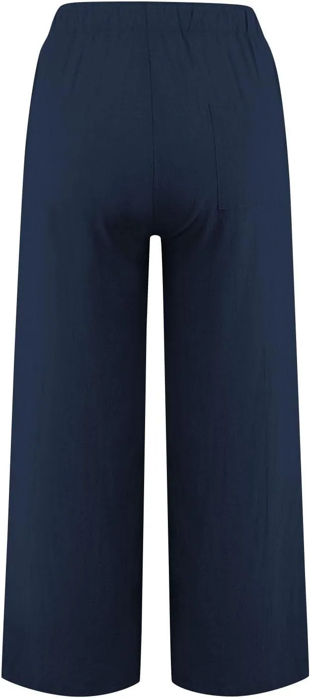 Womens Linen Pants Elastic High Waisted Wide Leg Pants Summer Palazzo Trouser Casual Flowy Drawstring Beach Outfits
