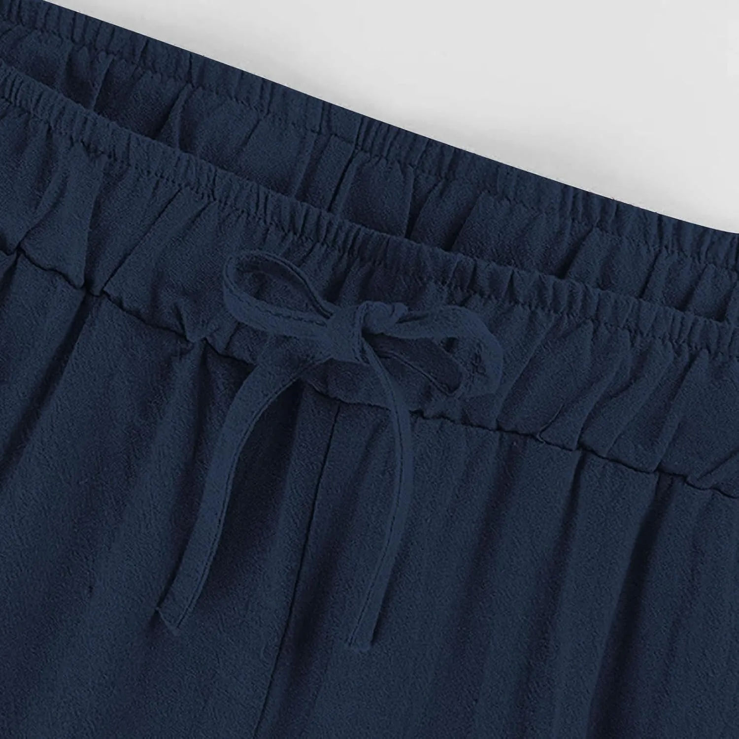 Womens Linen Pants Elastic High Waisted Wide Leg Pants Summer Palazzo Trouser Casual Flowy Drawstring Beach Outfits