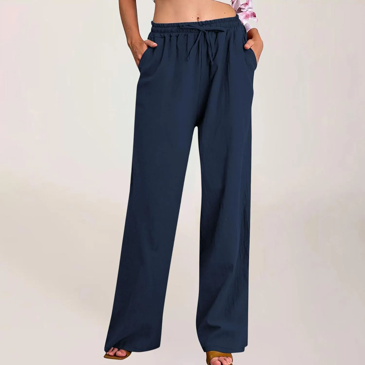 Womens Linen Pants Elastic High Waisted Wide Leg Pants Summer Palazzo Trouser Casual Flowy Drawstring Beach Outfits
