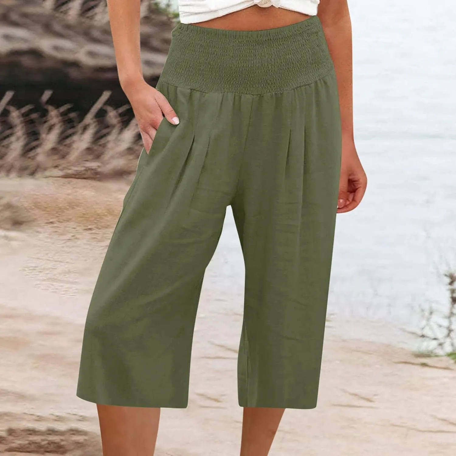 Womens Linen Pants High Waisted Pants Loose Comfy Wide Leg Holiday Summer Lounge Vacation Pockets Palazzo Trousers