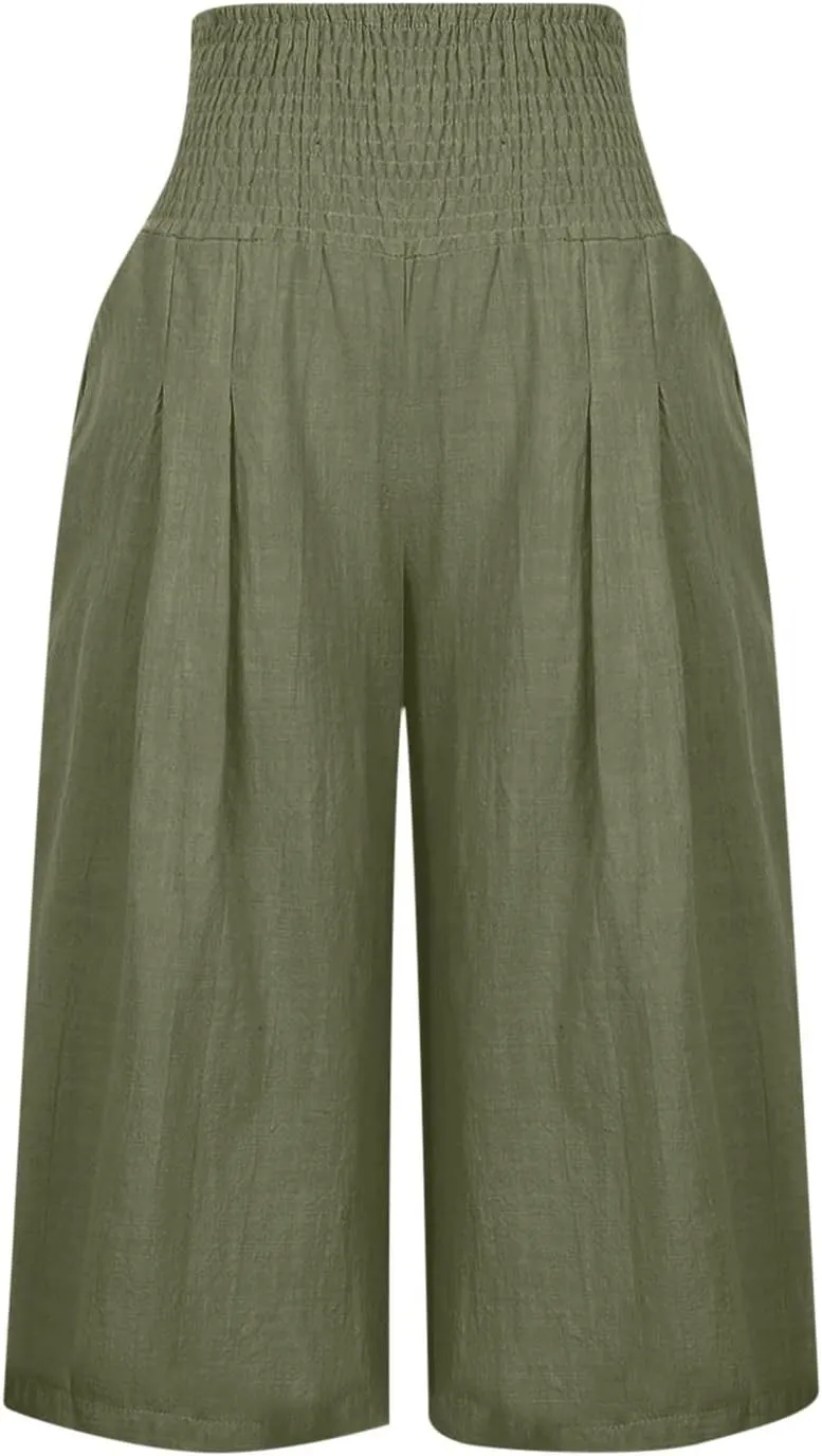 Womens Linen Pants High Waisted Pants Loose Comfy Wide Leg Holiday Summer Lounge Vacation Pockets Palazzo Trousers