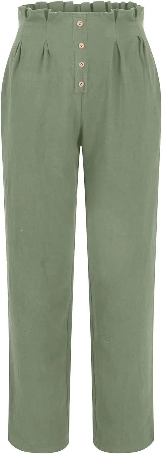 Womens Linen Pants Summer High Waisted Work Pants Trousers Lightweight Paperbag Elastic Waist Pants with Pockets