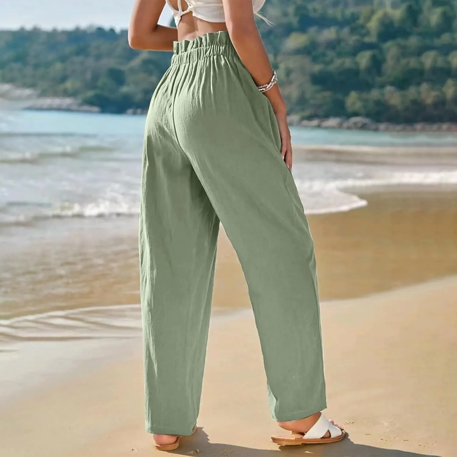 Womens Linen Pants Summer High Waisted Work Pants Trousers Lightweight Paperbag Elastic Waist Pants with Pockets