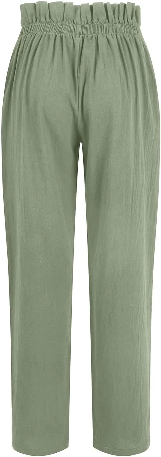 Womens Linen Pants Summer High Waisted Work Pants Trousers Lightweight Paperbag Elastic Waist Pants with Pockets