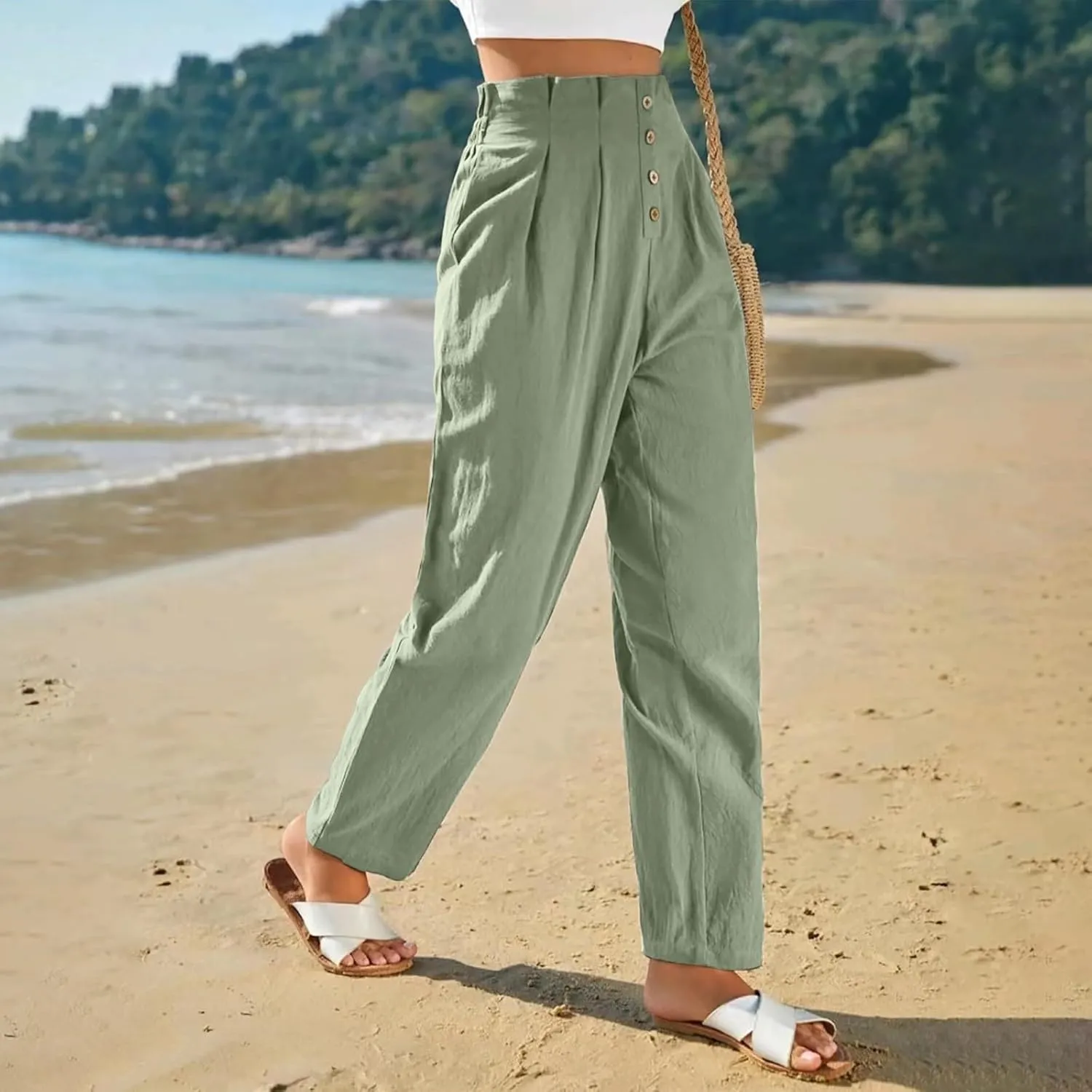 Womens Linen Pants Summer High Waisted Work Pants Trousers Lightweight Paperbag Elastic Waist Pants with Pockets
