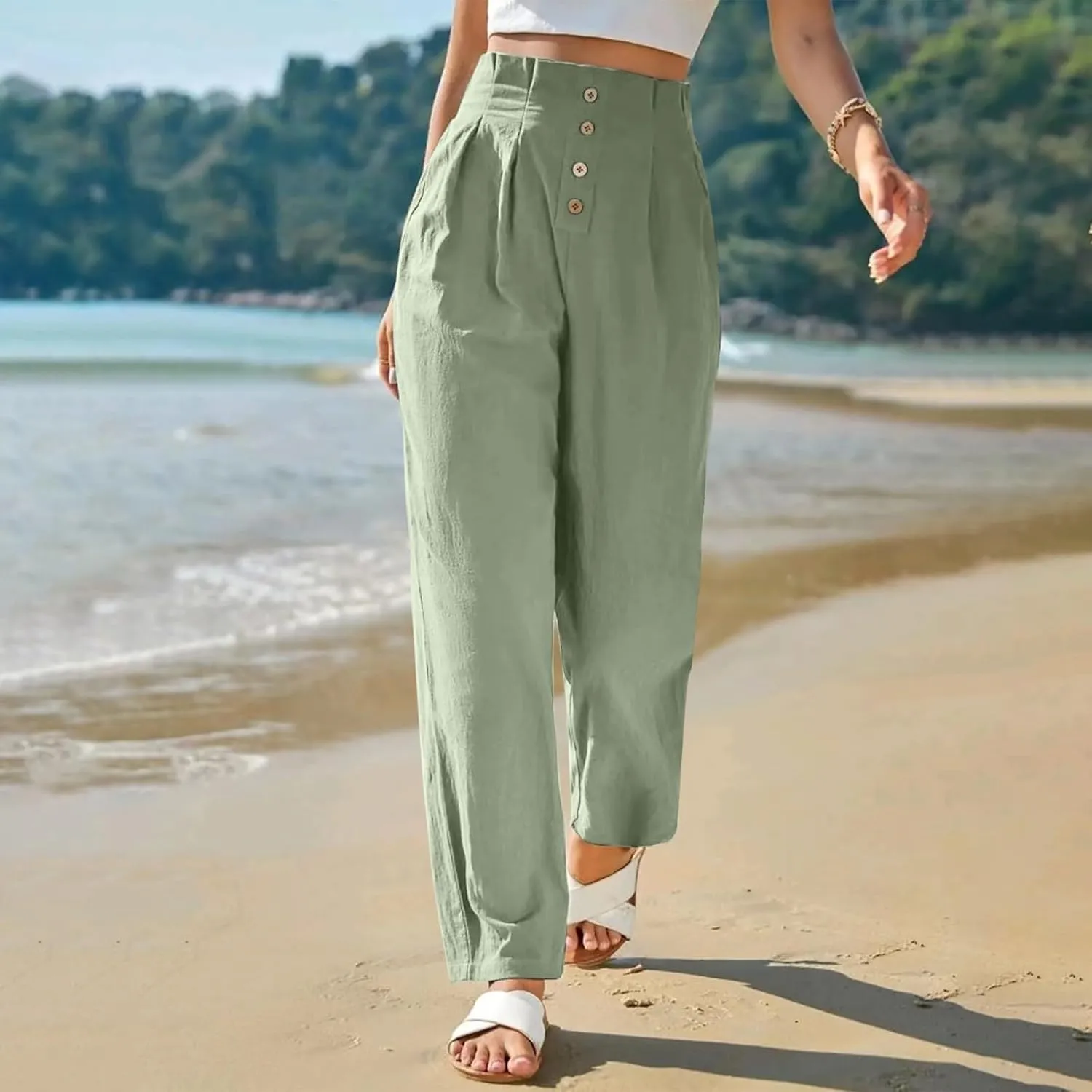 Womens Linen Pants Summer High Waisted Work Pants Trousers Lightweight Paperbag Elastic Waist Pants with Pockets