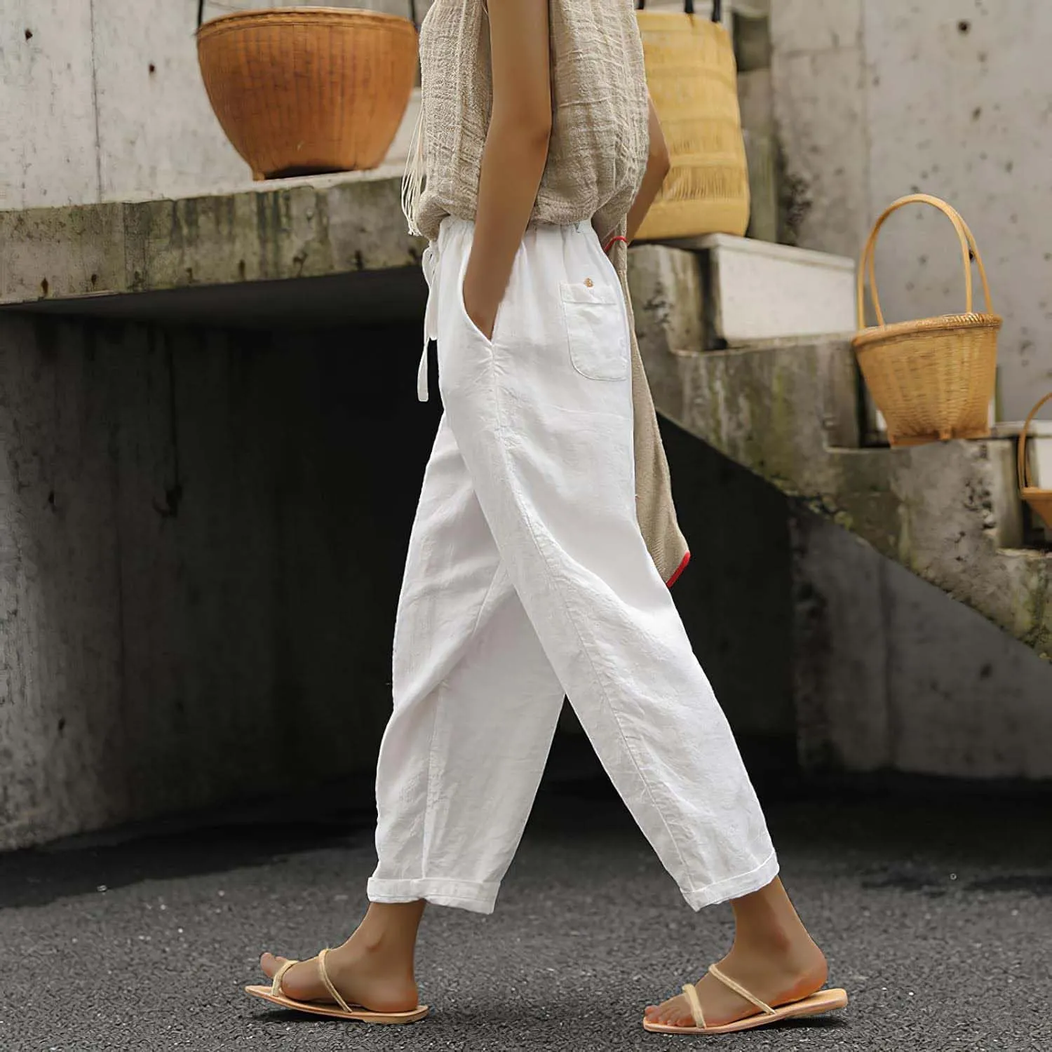 Womens Linen Pants with Pockets High Waist Comfy White Casual Pants Lightweight Loose Trousers