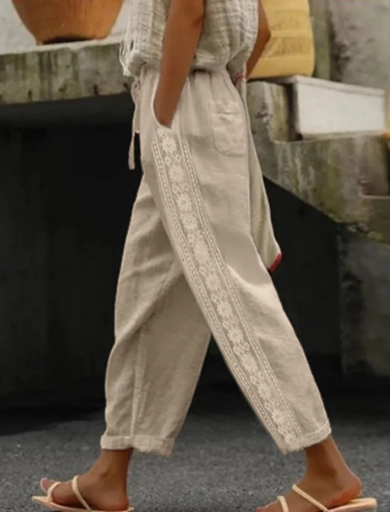 Womens Linen Pants with Pockets High Waist Comfy White Casual Pants Lightweight Loose Trousers