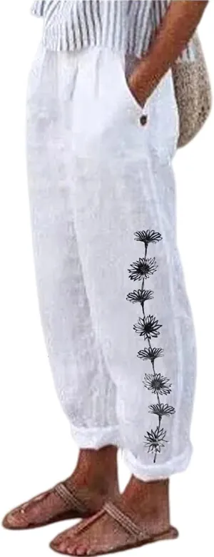 Womens Linen Pants with Pockets High Waist Comfy White Casual Pants Lightweight Loose Trousers