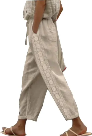 Womens Linen Pants with Pockets High Waist Comfy White Casual Pants Lightweight Loose Trousers