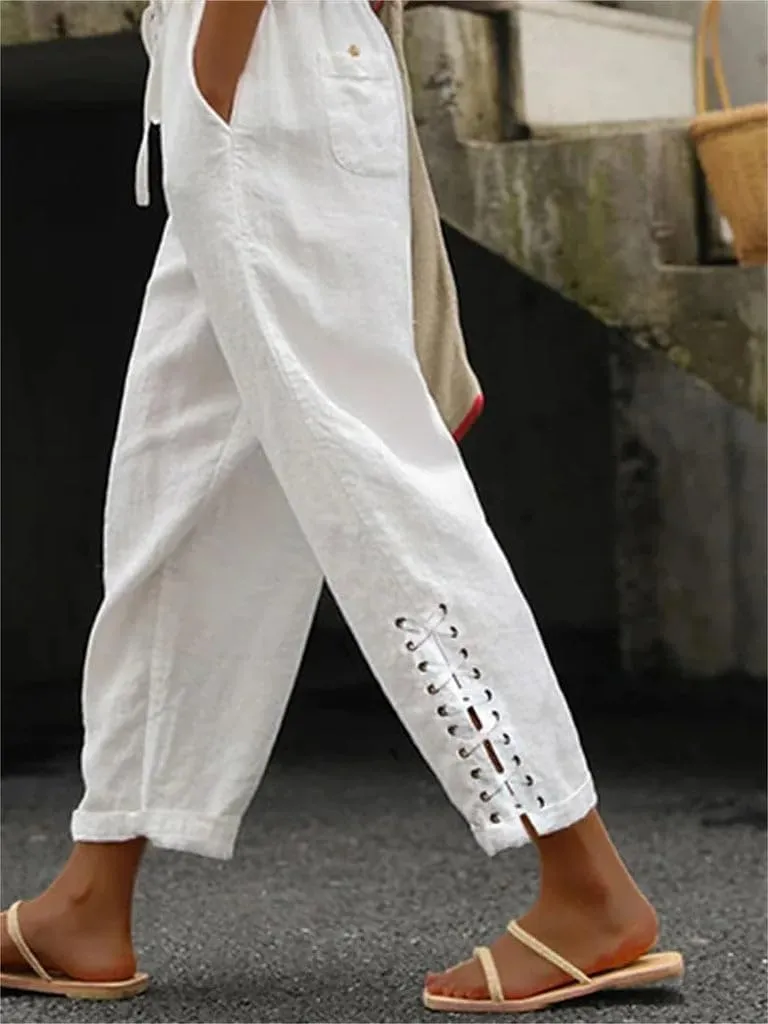 Womens Linen Pants with Pockets High Waist Comfy White Casual Pants Lightweight Loose Trousers
