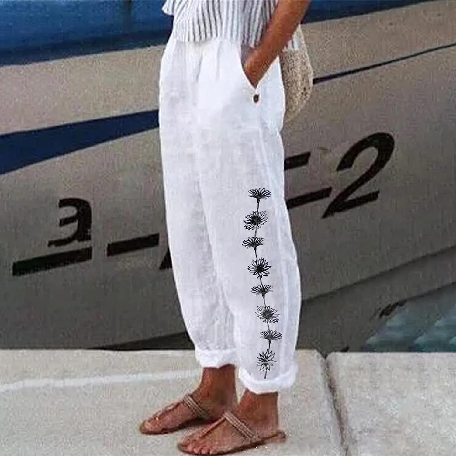 Womens Linen Pants with Pockets High Waist Comfy White Casual Pants Lightweight Loose Trousers