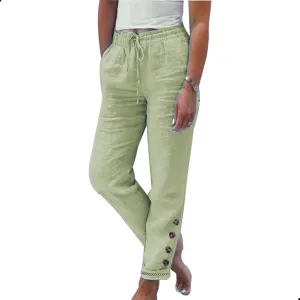 Womens Linen Pants with Pockets High Waist Comfy White Summer Pants Lightweight Loose Trousers