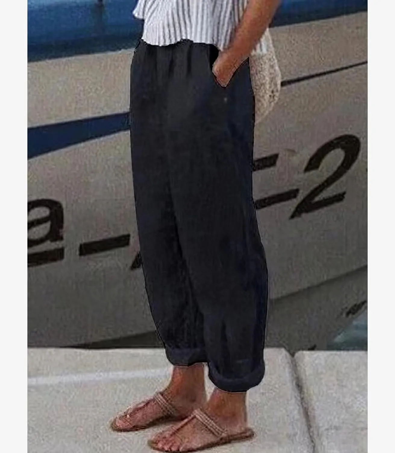 Womens Linen Pants with Pockets Loose Elastic High Waisted Comfy Beach Trousers Summer Lightweight Embroidered Casual Pants
