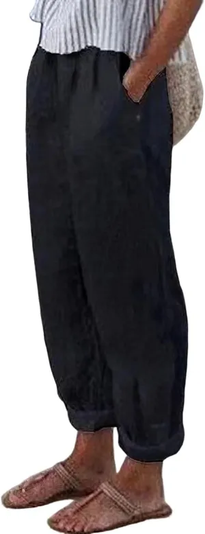 Womens Linen Pants with Pockets Loose Elastic High Waisted Comfy Beach Trousers Summer Lightweight Embroidered Casual Pants