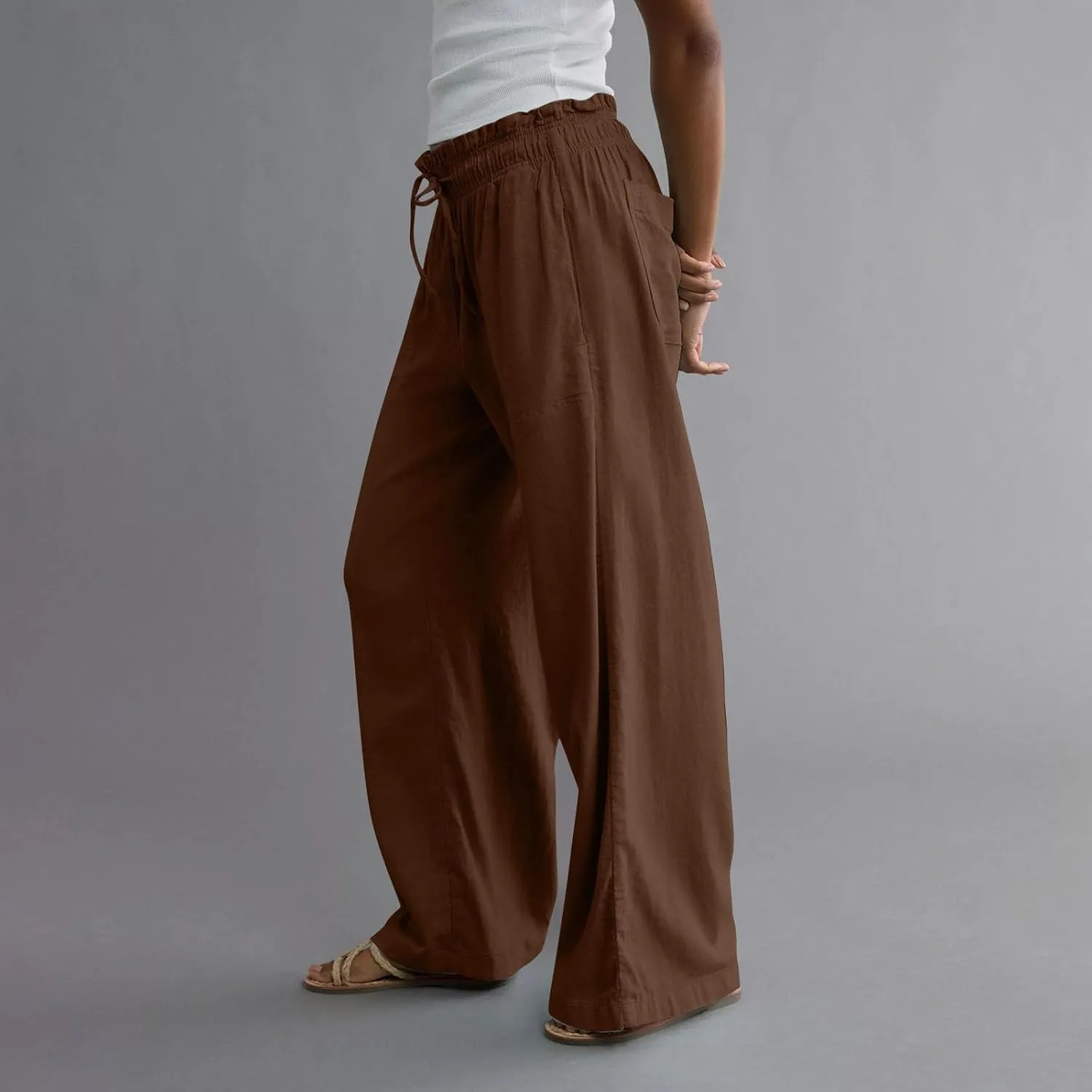 Womens Linen Pants with Pockets Summer Drawstring Elastic Waist Pants Straight Leg Comfy Flowy Beach Palazzo Trousers