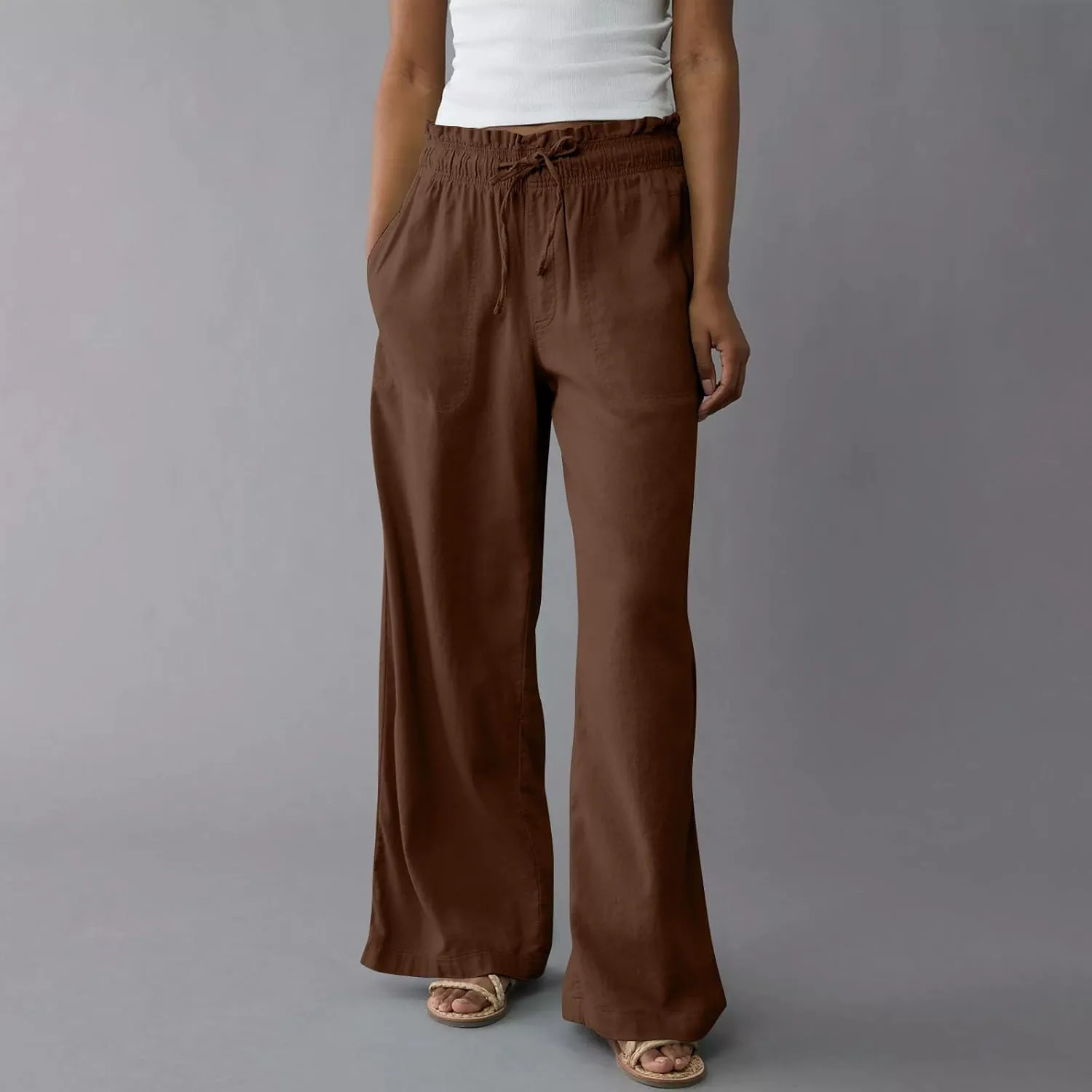 Womens Linen Pants with Pockets Summer Drawstring Elastic Waist Pants Straight Leg Comfy Flowy Beach Palazzo Trousers