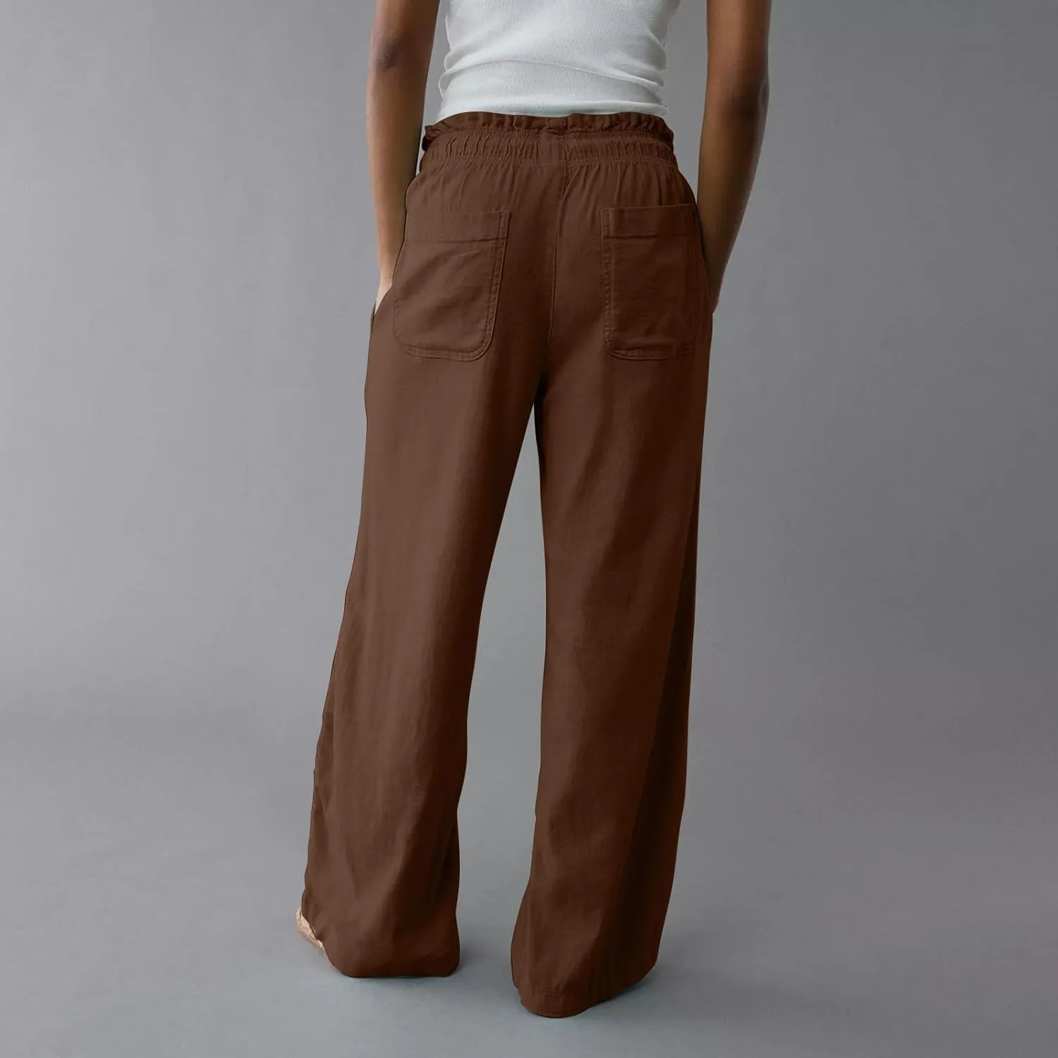 Womens Linen Pants with Pockets Summer Drawstring Elastic Waist Pants Straight Leg Comfy Flowy Beach Palazzo Trousers
