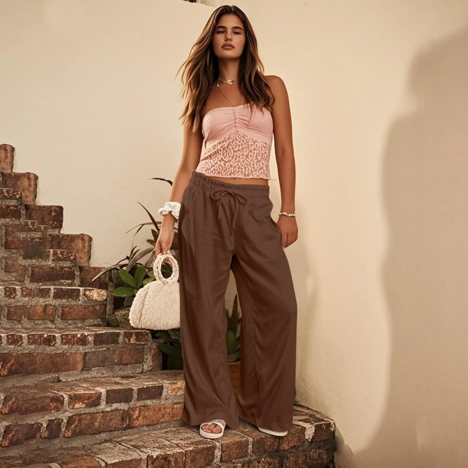 Womens Linen Pants with Pockets Summer Drawstring Elastic Waist Pants Straight Leg Comfy Flowy Beach Palazzo Trousers