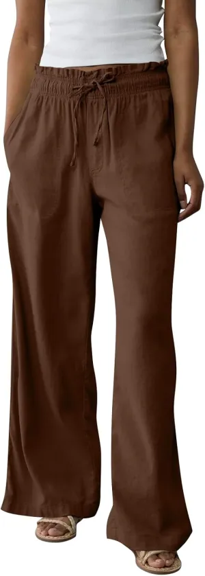 Womens Linen Pants with Pockets Summer Drawstring Elastic Waist Pants Straight Leg Comfy Flowy Beach Palazzo Trousers