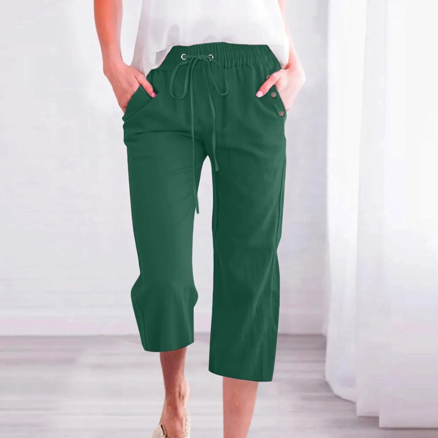Womens Linen Striped Capris Summer Capri Pants 2025 Summer 2025 Wide Leg Loose Drawstring Elastic Waist Cropped Trouser