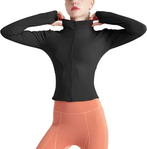 Women's Long Sleeve Running Jacket Sports Shirts Full Zip Quick Dry Yoga Fitness Top with Thumb Holes