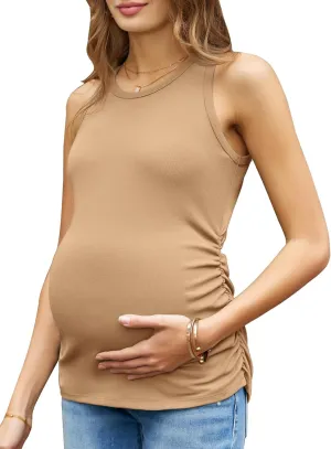Women's Maternity Tank Tops Summer Sleeveless Crew Neck Ribbed Knit Slim Fitted Blouse Side Ruched Pregnancy Shirts