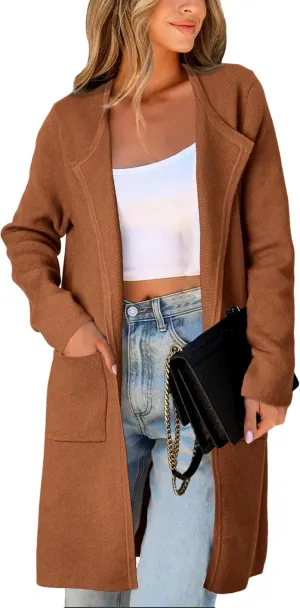 Women's Open Front Cardigan Sweater Long Sleeve Casual Knit Lapel Coatigan Coat