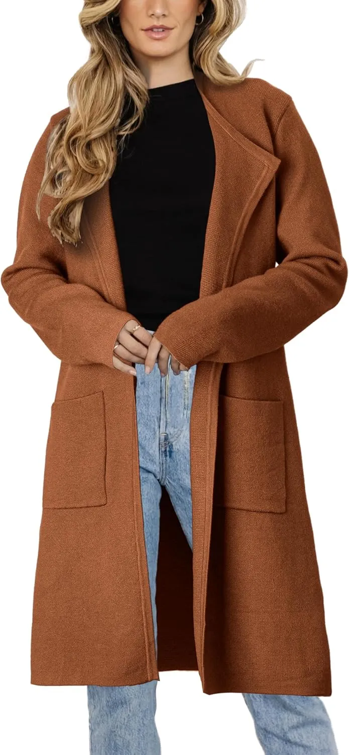 Women's Open Front Cardigan Sweater Long Sleeve Casual Knit Lapel Coatigan Coat