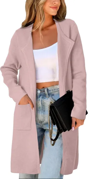 Women's Open Front Cardigan Sweater Long Sleeve Casual Knit Lapel Coatigan Coat