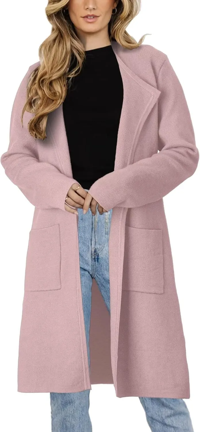 Women's Open Front Cardigan Sweater Long Sleeve Casual Knit Lapel Coatigan Coat
