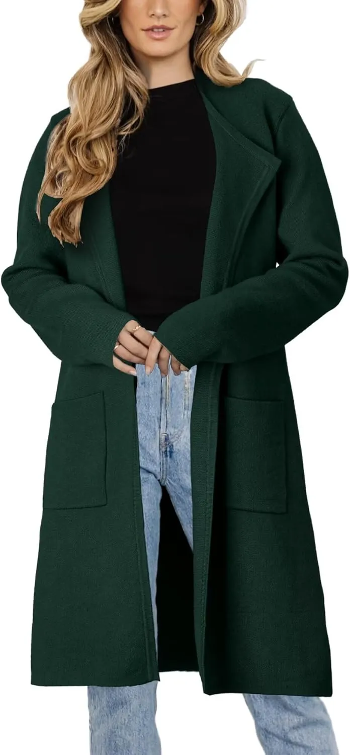 Women's Open Front Cardigan Sweater Long Sleeve Casual Knit Lapel Coatigan Coat