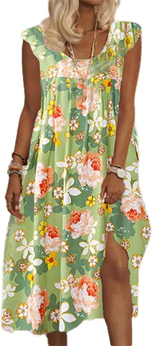Women's Oversized Boho Disty Floral Sun Dresses Flowy Summer Casual Loose Sleeveless Midi Dress Sundress with Pockets