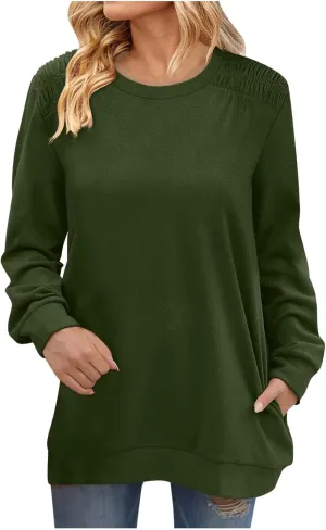 Womens Oversized Crewneck Sweatshirt Pleated Long Sleeve Tunic Tops Loose Fit Pullover Top Fall Clothes with Pockets