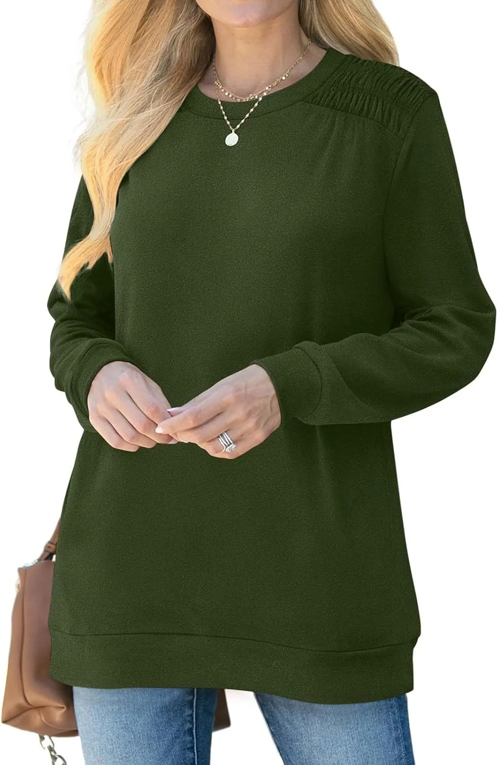 Womens Oversized Crewneck Sweatshirt Pleated Long Sleeve Tunic Tops Loose Fit Pullover Top Fall Clothes with Pockets