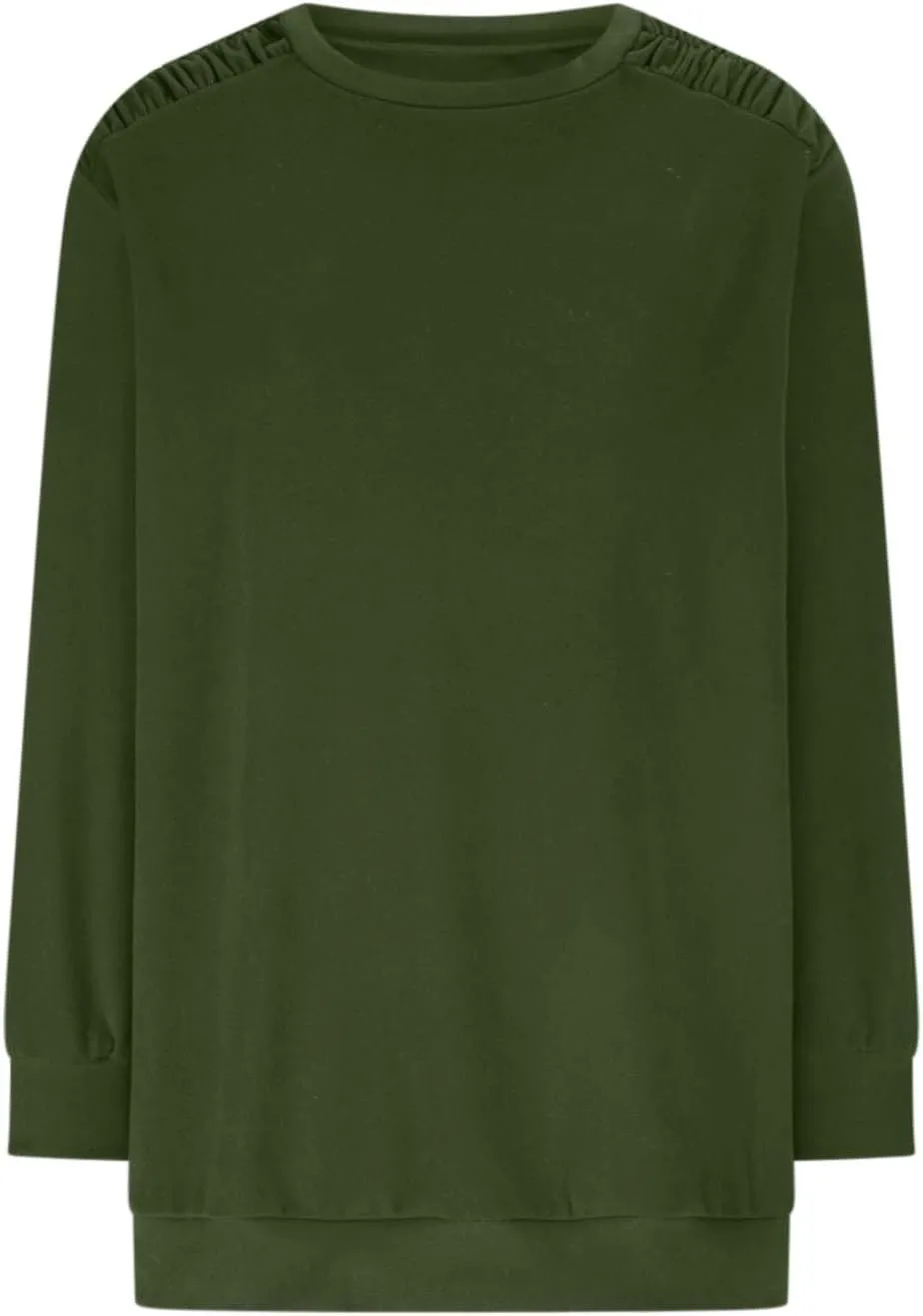 Womens Oversized Crewneck Sweatshirt Pleated Long Sleeve Tunic Tops Loose Fit Pullover Top Fall Clothes with Pockets