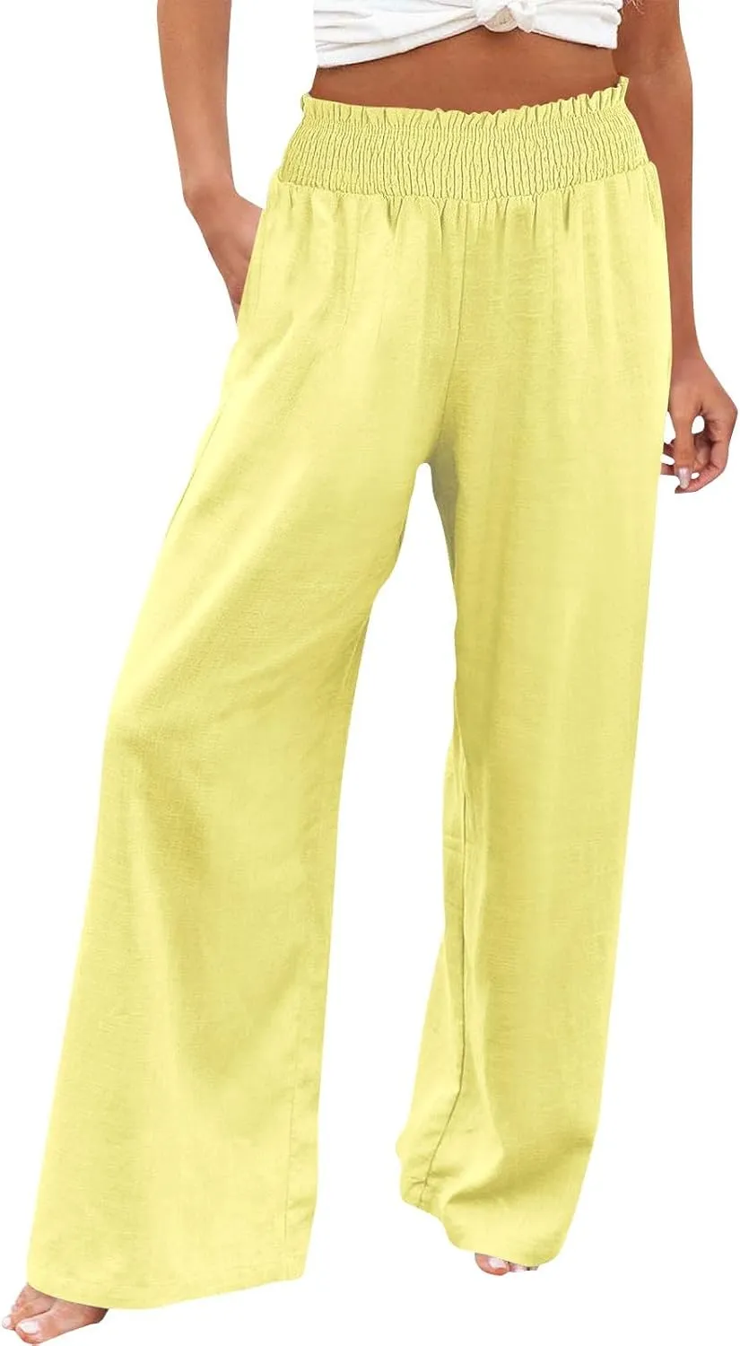 Womens Palazzo Linen Pants Wide Leg Casual Lightweight High Waist Trousers Summer Hawaii Beach Pants Vacation Outfits