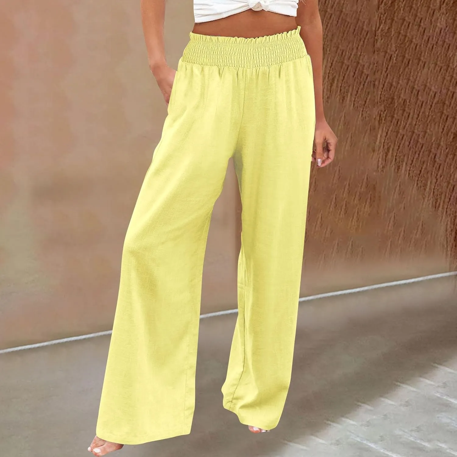 Womens Palazzo Linen Pants Wide Leg Casual Lightweight High Waist Trousers Summer Hawaii Beach Pants Vacation Outfits