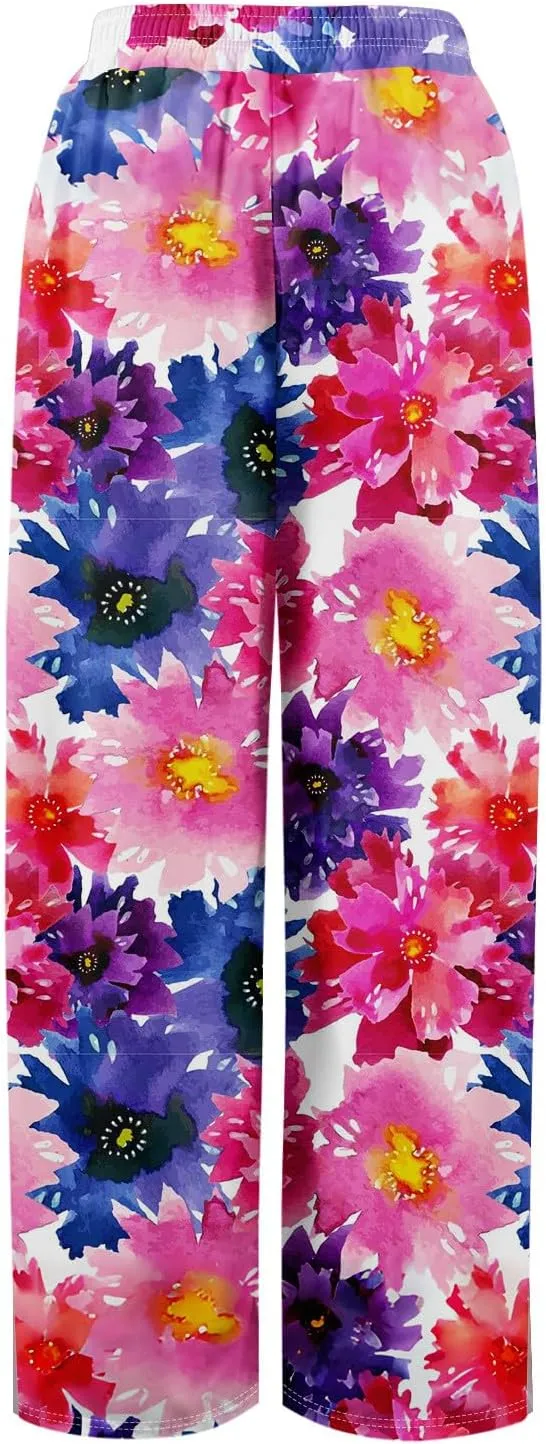 Women's Palazzo Pants Wide Leg Loose Floral Lounge Pants Beach Drawstring Elastic Waist Slacks with Pockets