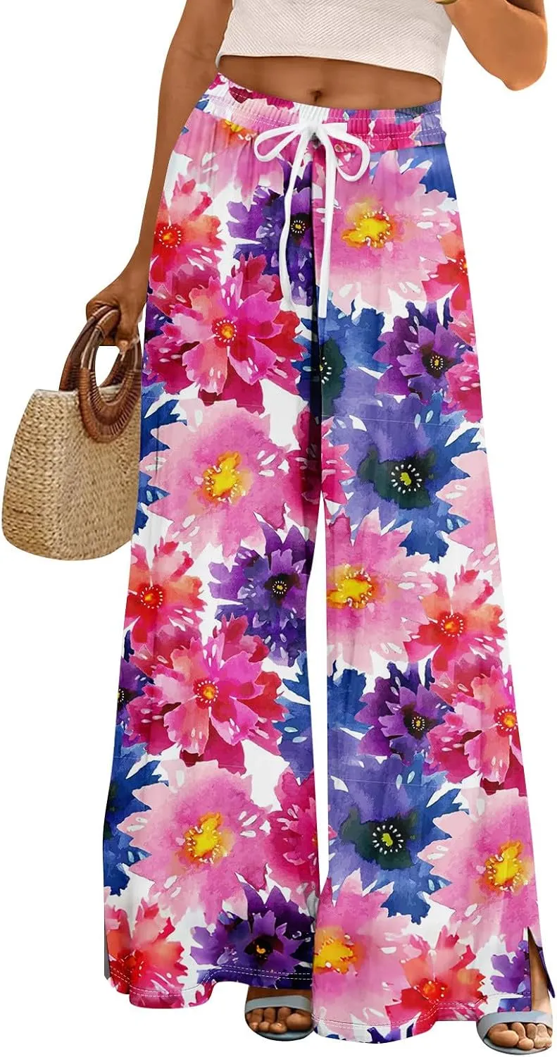 Women's Palazzo Pants Wide Leg Loose Floral Lounge Pants Beach Drawstring Elastic Waist Slacks with Pockets