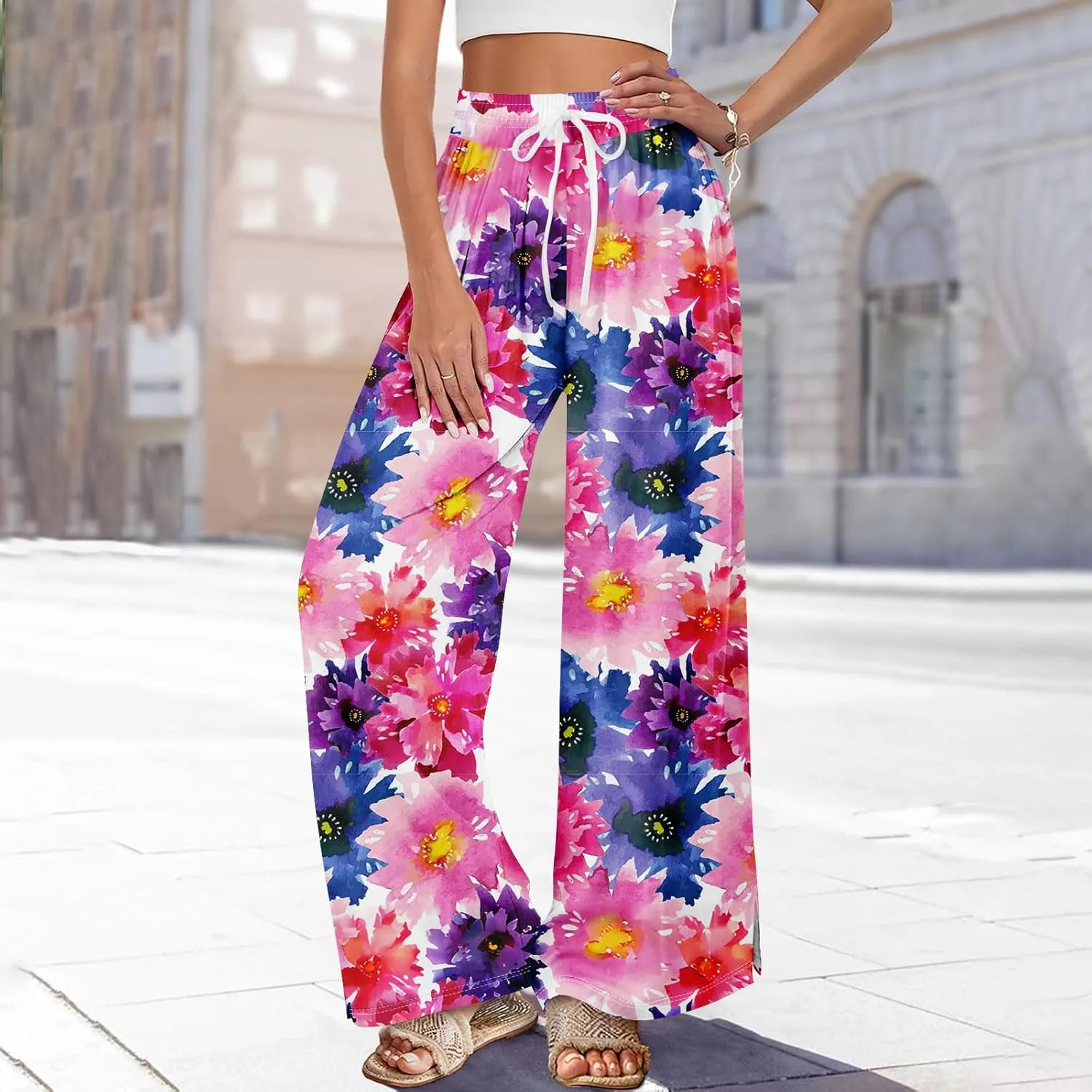 Women's Palazzo Pants Wide Leg Loose Floral Lounge Pants Beach Drawstring Elastic Waist Slacks with Pockets