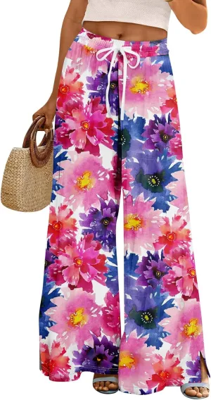 Women's Palazzo Pants Wide Leg Loose Floral Lounge Pants Beach Drawstring Elastic Waist Slacks with Pockets