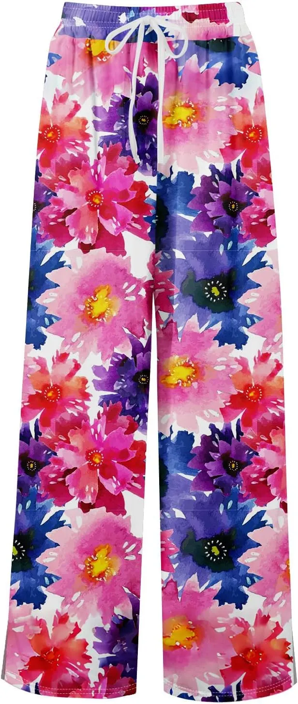 Women's Palazzo Pants Wide Leg Loose Floral Lounge Pants Beach Drawstring Elastic Waist Slacks with Pockets
